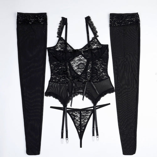 Big Stockings Black Mysterious Lace Hollow Out Cutout Lace Strap Slimming Sexy Goddess Sexy Lingerie Four Piece Set - Luzilly Bridal & Apparel