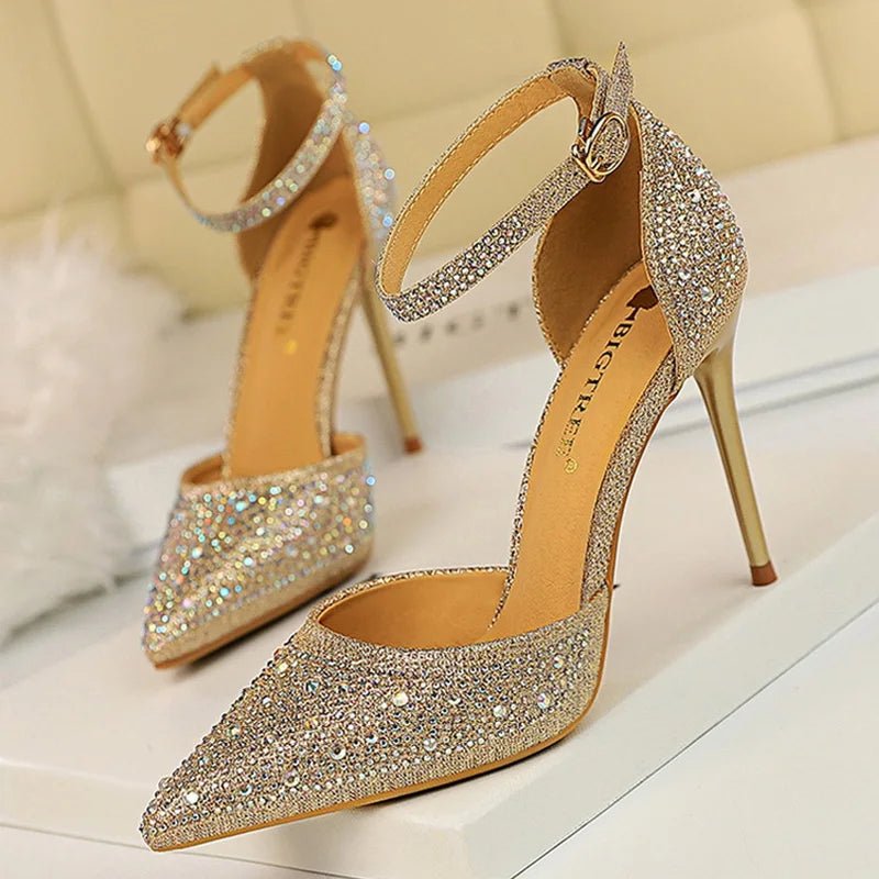 BIGTREE Shoes Shiny Rhinestones High Heels Ladies Shoes Women Pumps Stiletto Sweet Women Heels Wedding Shoes Women Sandals 10 Cm - Luzilly Bridal & Apparel
