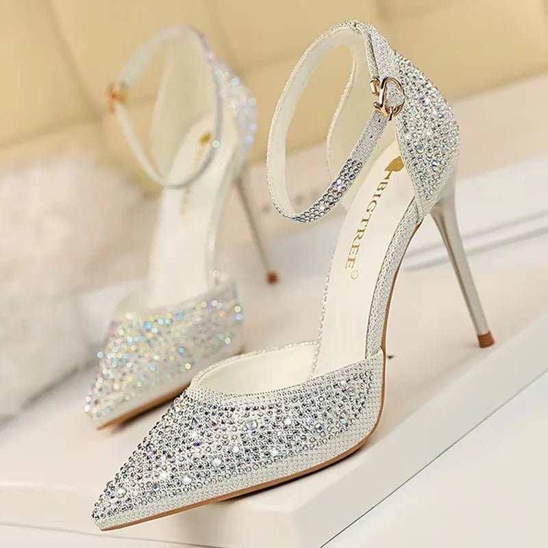 BIGTREE Shoes Shiny Rhinestones High Heels Ladies Shoes Women Pumps Stiletto Sweet Women Heels Wedding Shoes Women Sandals 10 Cm - Luzilly Bridal & Apparel