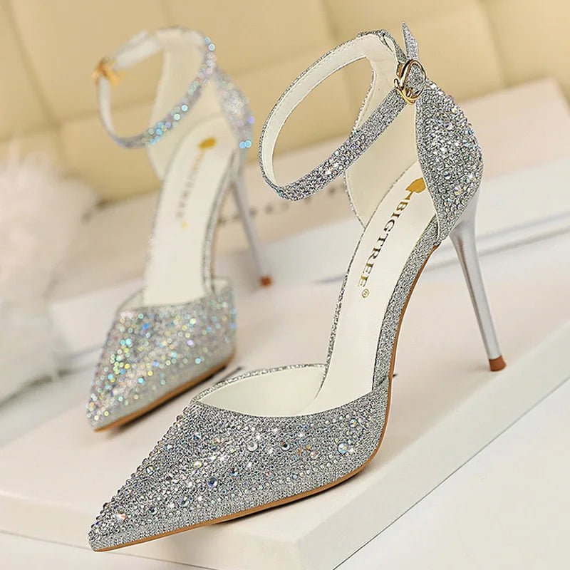 BIGTREE Shoes Shiny Rhinestones High Heels Ladies Shoes Women Pumps Stiletto Sweet Women Heels Wedding Shoes Women Sandals 10 Cm - Luzilly Bridal & Apparel