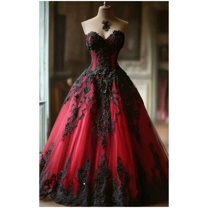 Black And Red Gothic Wedding Dress Lace Appliques Sweetheart Neckline Sleeveless A-Line Tulle Vintage Bridal Gown Customized - Luzilly Bridal & Apparel