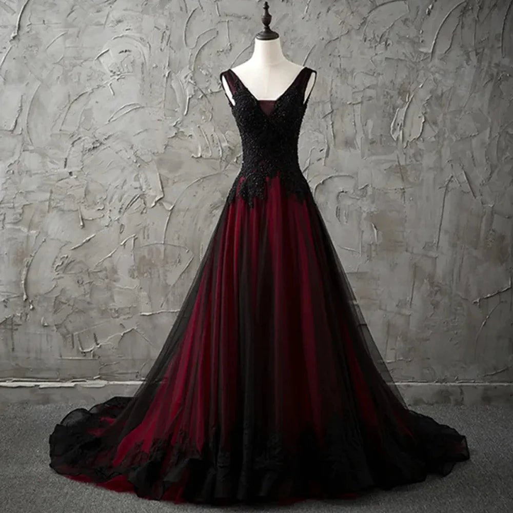 Black and Red Wedding Dress Customized Beading Sequin Applique V Neck Sleeveless Long Train Open Back Corset Gothic Bridal Gown - Luzilly Bridal & Apparel