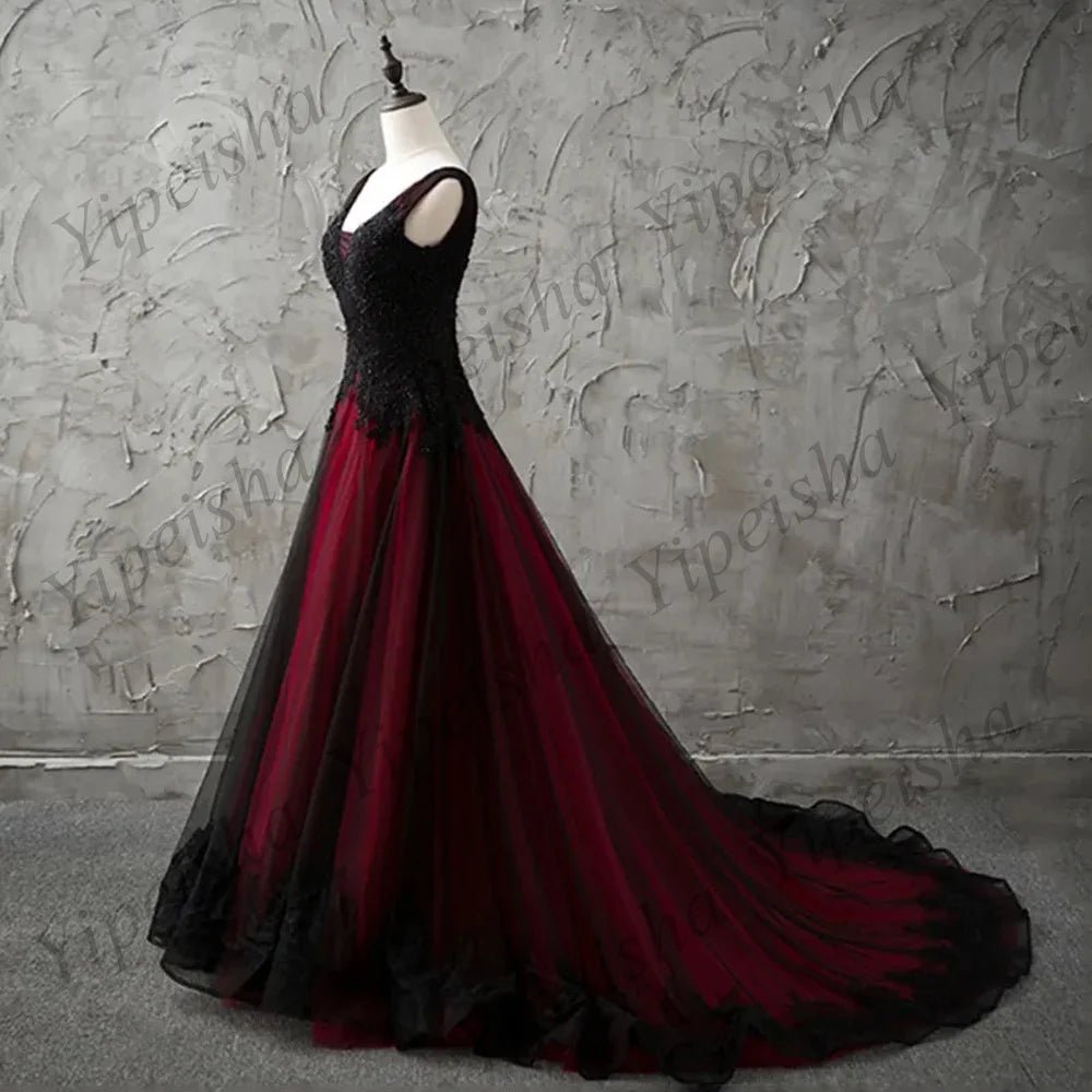 Black and Red Wedding Dress Customized Beading Sequin Applique V Neck Sleeveless Long Train Open Back Corset Gothic Bridal Gown - Luzilly Bridal & Apparel