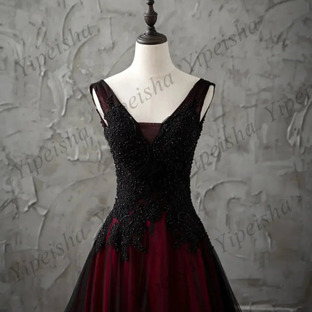 Black and Red Wedding Dress Customized Beading Sequin Applique V Neck Sleeveless Long Train Open Back Corset Gothic Bridal Gown - Luzilly Bridal & Apparel