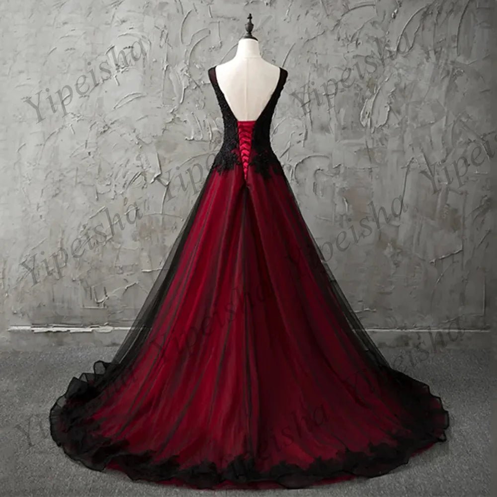 Black and Red Wedding Dress Customized Beading Sequin Applique V Neck Sleeveless Long Train Open Back Corset Gothic Bridal Gown - Luzilly Bridal & Apparel