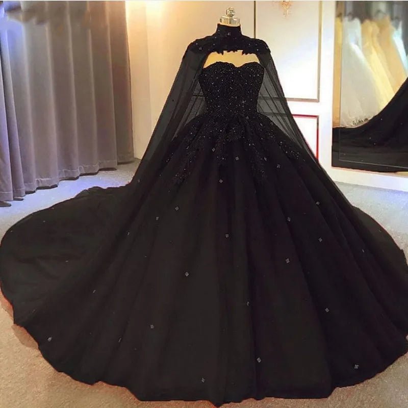 Black Ball Gown Gothic Wedding Dress With Cape Customized Sweetheart Beaded Princess Bridal Non White Custom Made Bride 2022 - Luzilly Bridal & Apparel