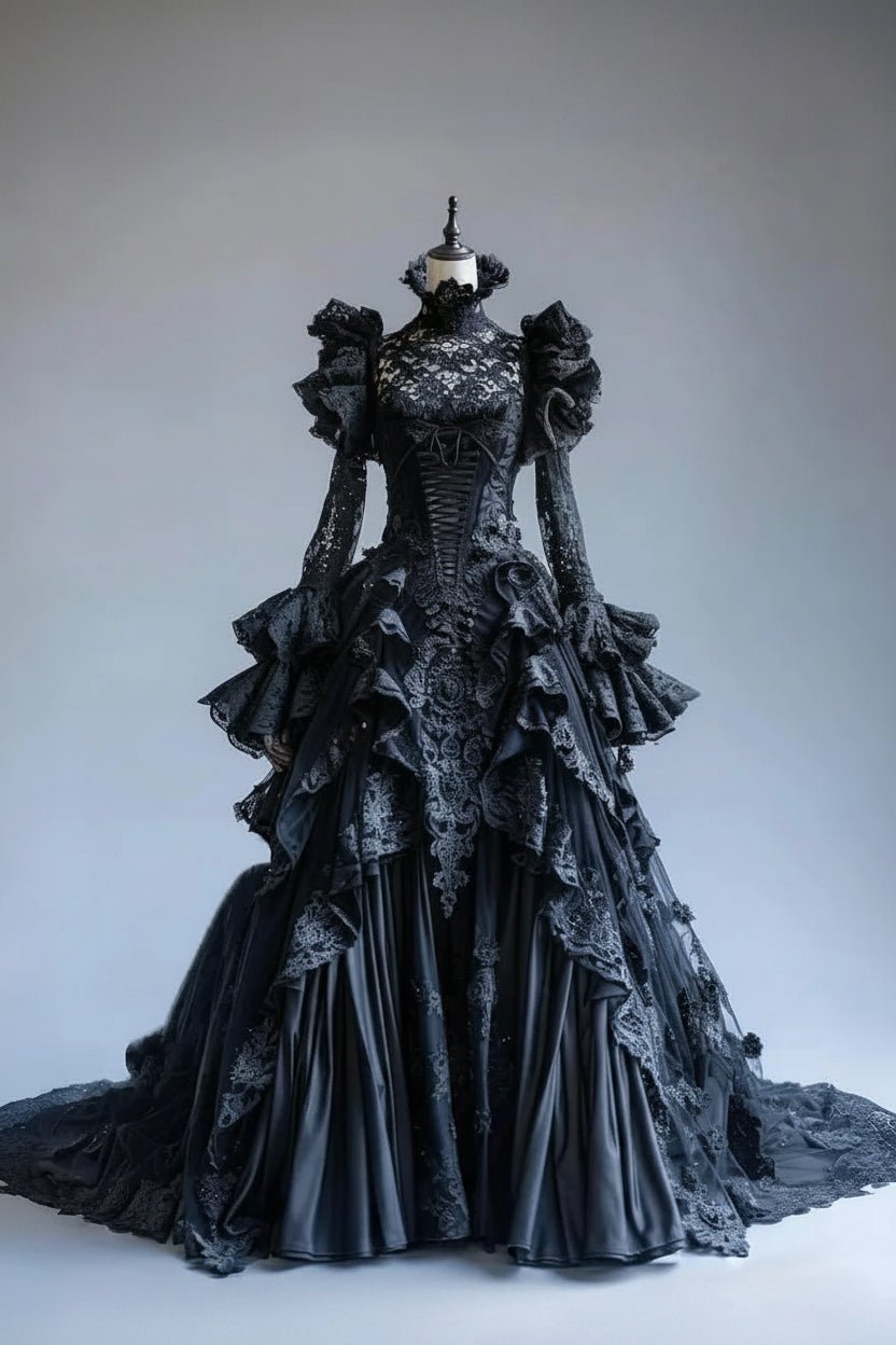 Black Gothic Vampire Wedding Dress High Neck Lace Long Flared Sleeve Ruffle Appliques Victorian Vintage Bridal Gown Customized - Luzilly Bridal & Apparel
