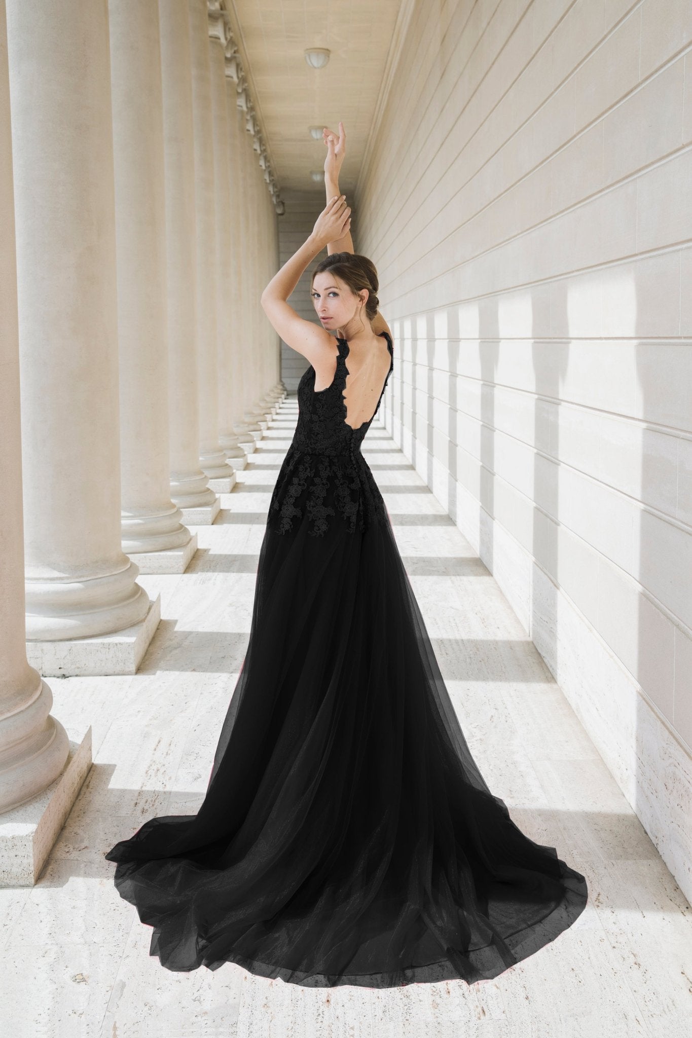 Black Queen - Black V-neck lace light-weighted low-back A-line gown colored wedding dress - Luzilly Bridal & Apparel