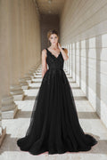 Black Queen - Black V-neck lace light-weighted low-back A-line gown colored wedding dress - Luzilly Bridal & Apparel