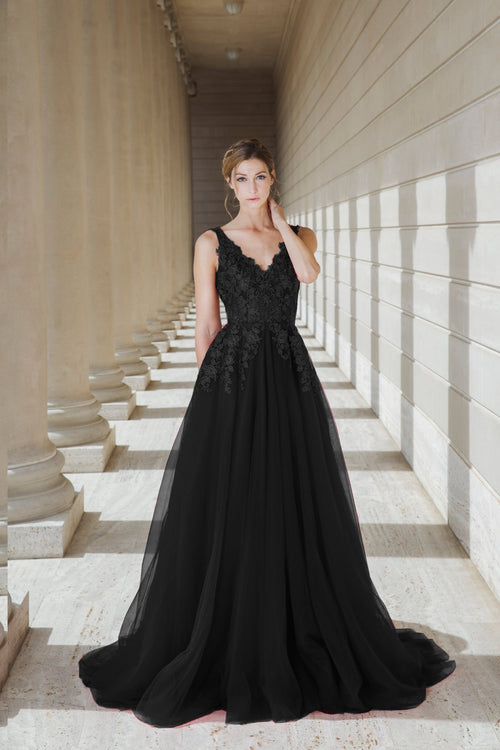 Black Queen - Black V-neck lace light-weighted low-back A-line gown colored wedding dress - Luzilly Bridal & Apparel