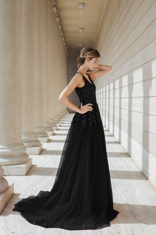 Black Queen - Black V-neck lace light-weighted low-back A-line gown colored wedding dress - Luzilly Bridal & Apparel