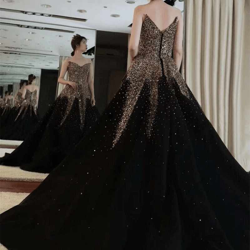 Black Wedding New Bride Big Train Main Yarn Dress - Luzilly Bridal & Apparel