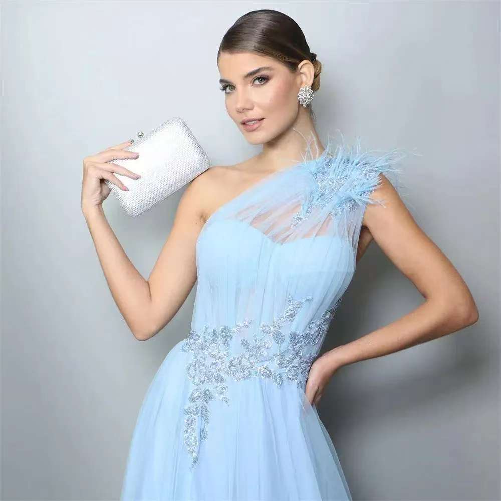 Blue One-shoulder Feather Wedding Dress - Luzilly Bridal & Apparel