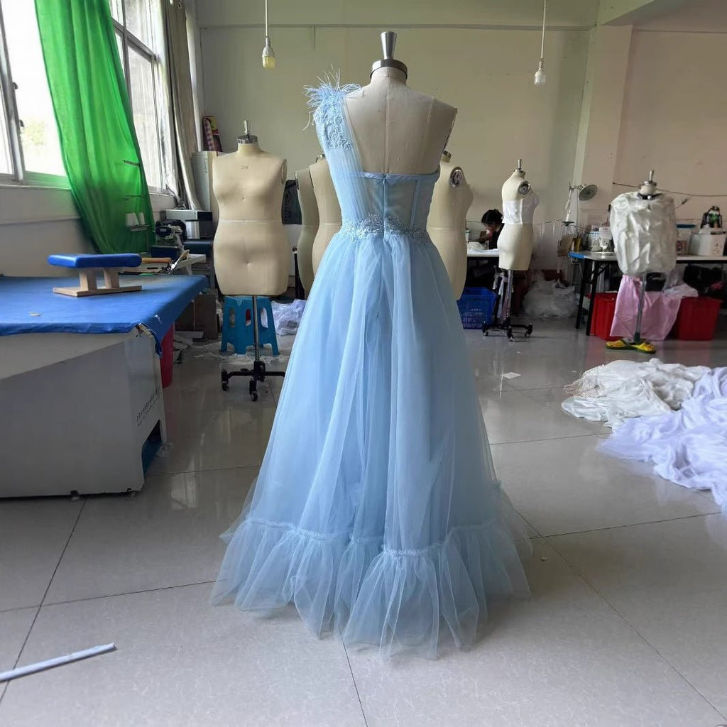 Blue One-shoulder Feather Wedding Dress - Luzilly Bridal & Apparel