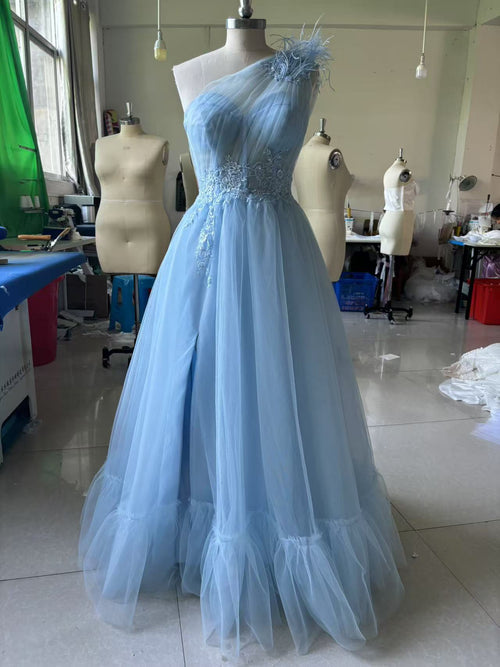 Blue One-shoulder Feather Wedding Dress - Luzilly Bridal & Apparel