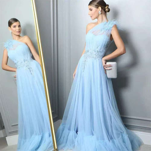 Blue One-Shoulder Feather-Trim Wedding Dress - Luzilly Bridal & Apparel