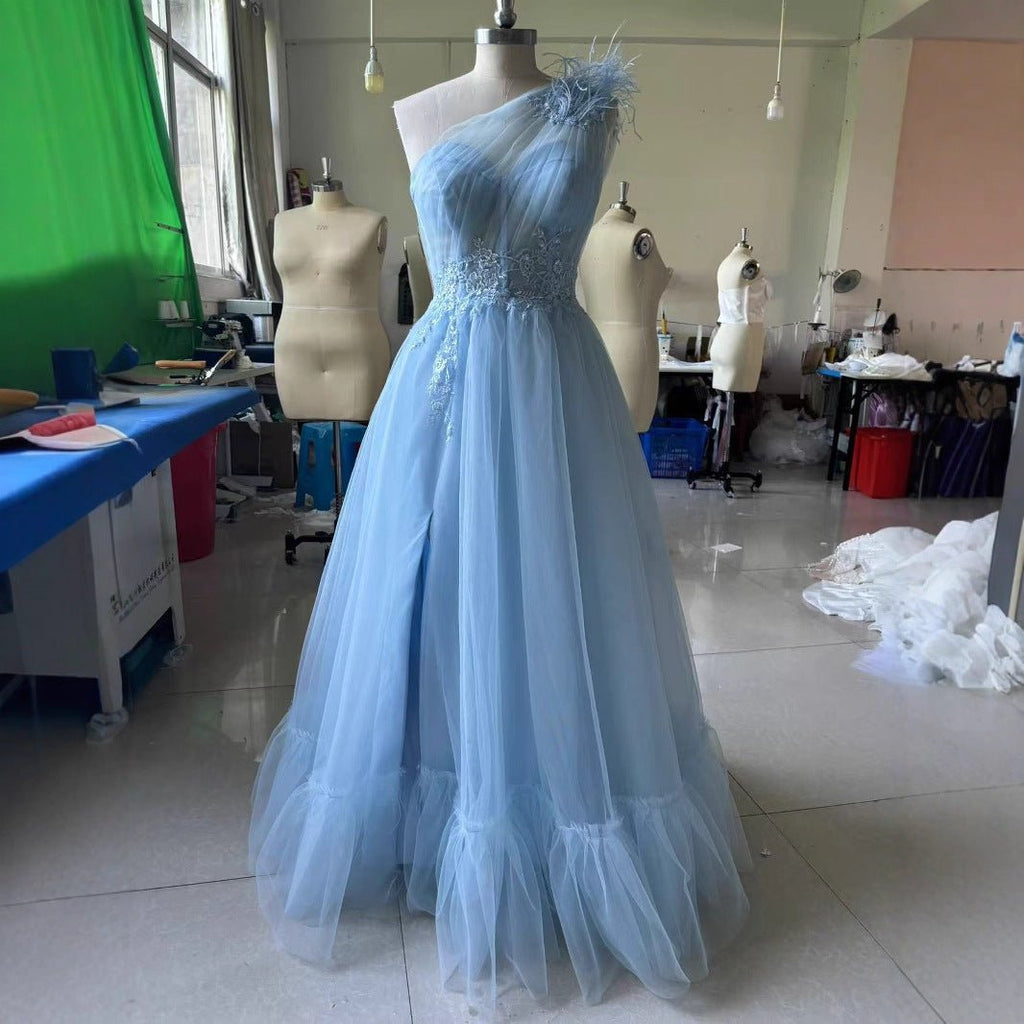 Blue One-shoulder Feather Wedding Dress - Luzilly Bridal & Apparel