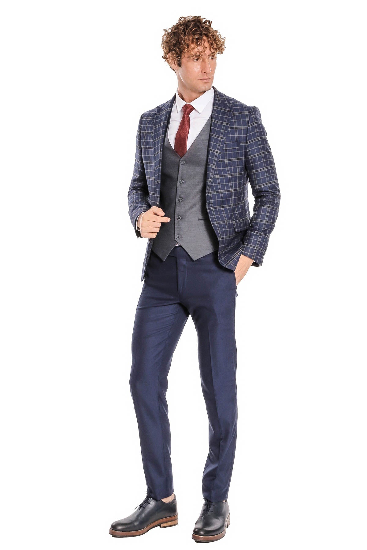 Blue Vested Slim Fit Checked Navy Blue Men Suit - Wessi - Luzilly Bridal & Apparel