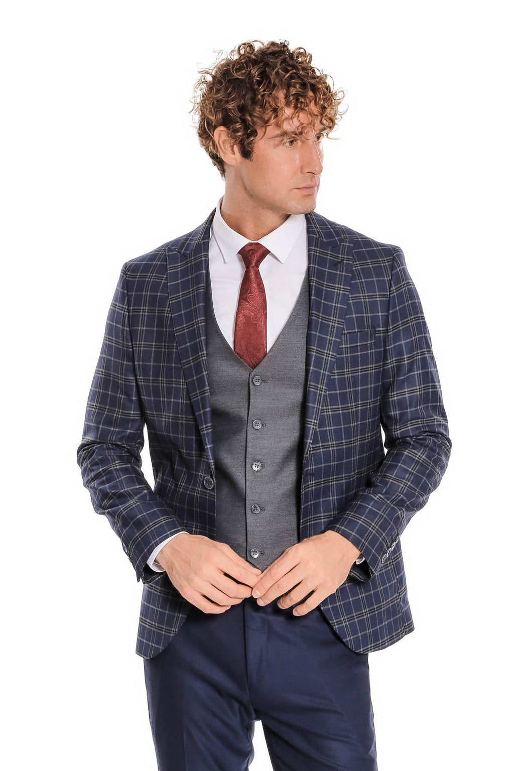 Blue Vested Slim Fit Checked Navy Blue Men Suit - Wessi - Luzilly Bridal & Apparel