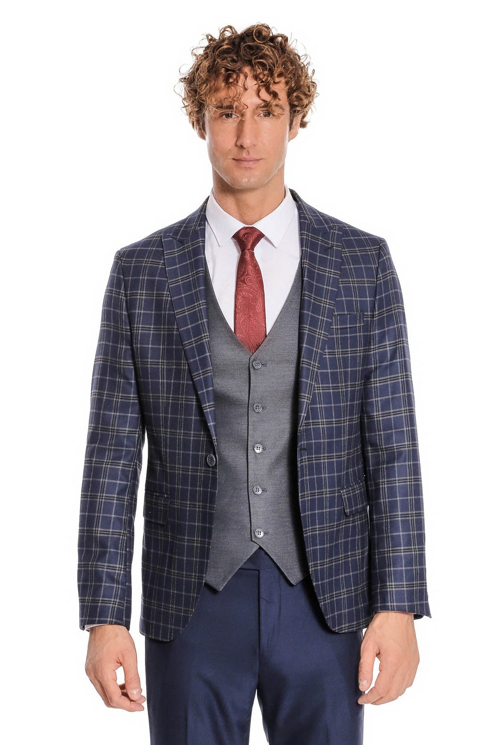 Blue Vested Slim Fit Checked Navy Blue Men Suit - Wessi - Luzilly Bridal & Apparel