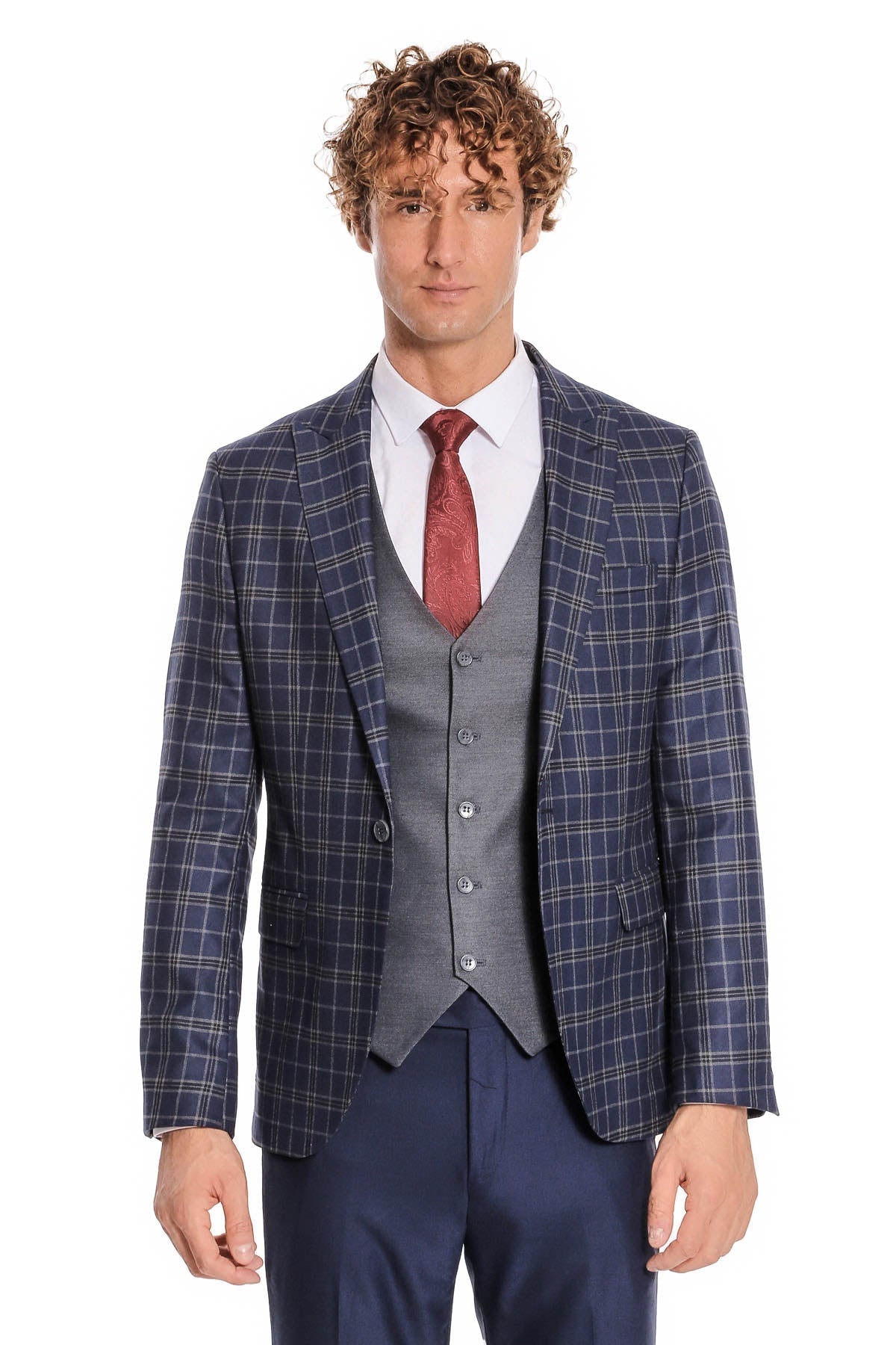 Blue Vested Slim Fit Checked Navy Blue Men Suit - Wessi - Luzilly Bridal & Apparel