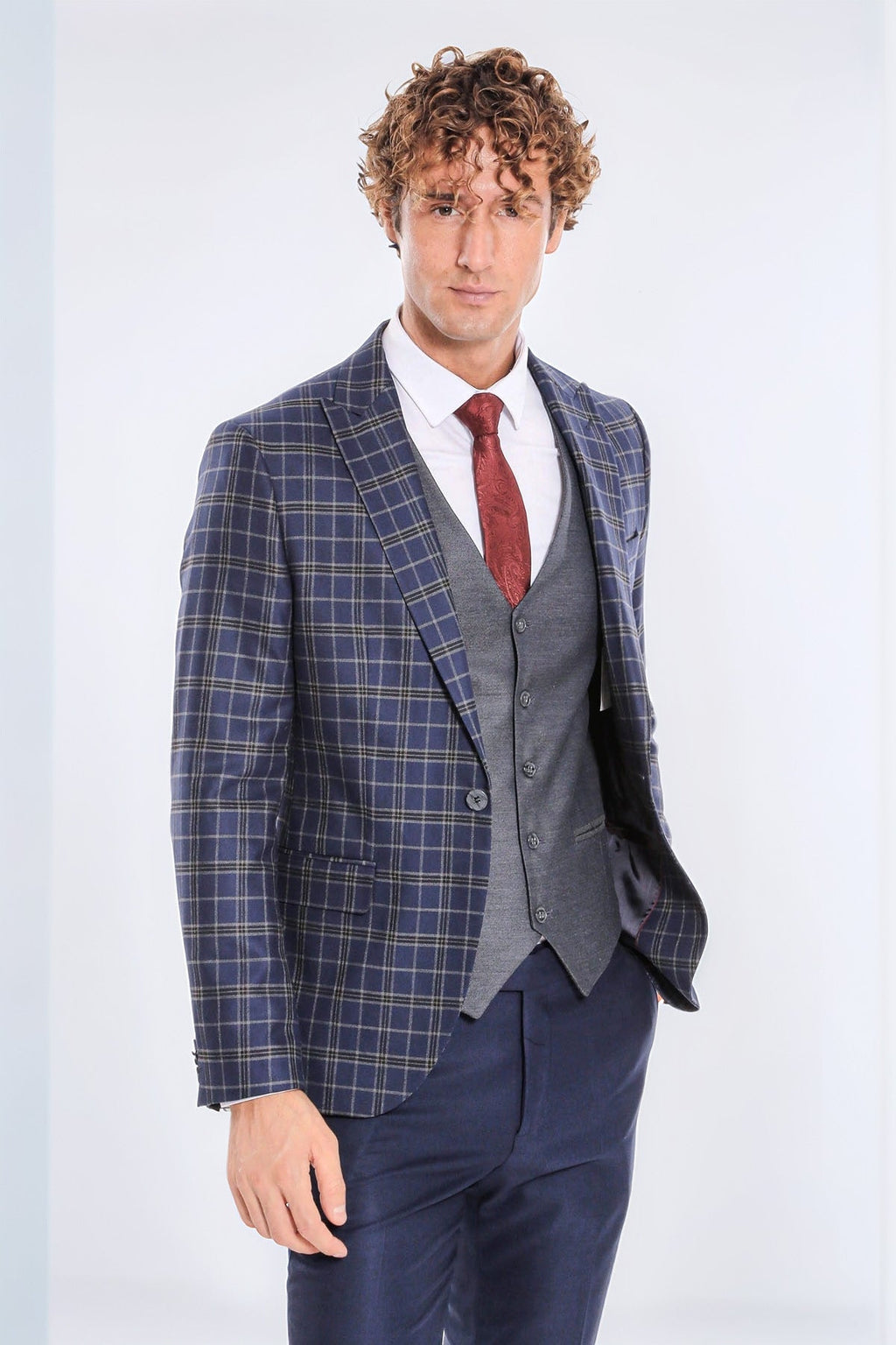 Blue Vested Slim Fit Checked Navy Blue Men Suit - Wessi - Luzilly Bridal & Apparel