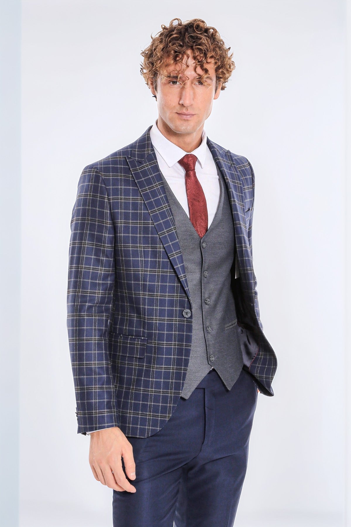 Blue Vested Slim Fit Checked Navy Blue Men Suit - Wessi - Luzilly Bridal & Apparel