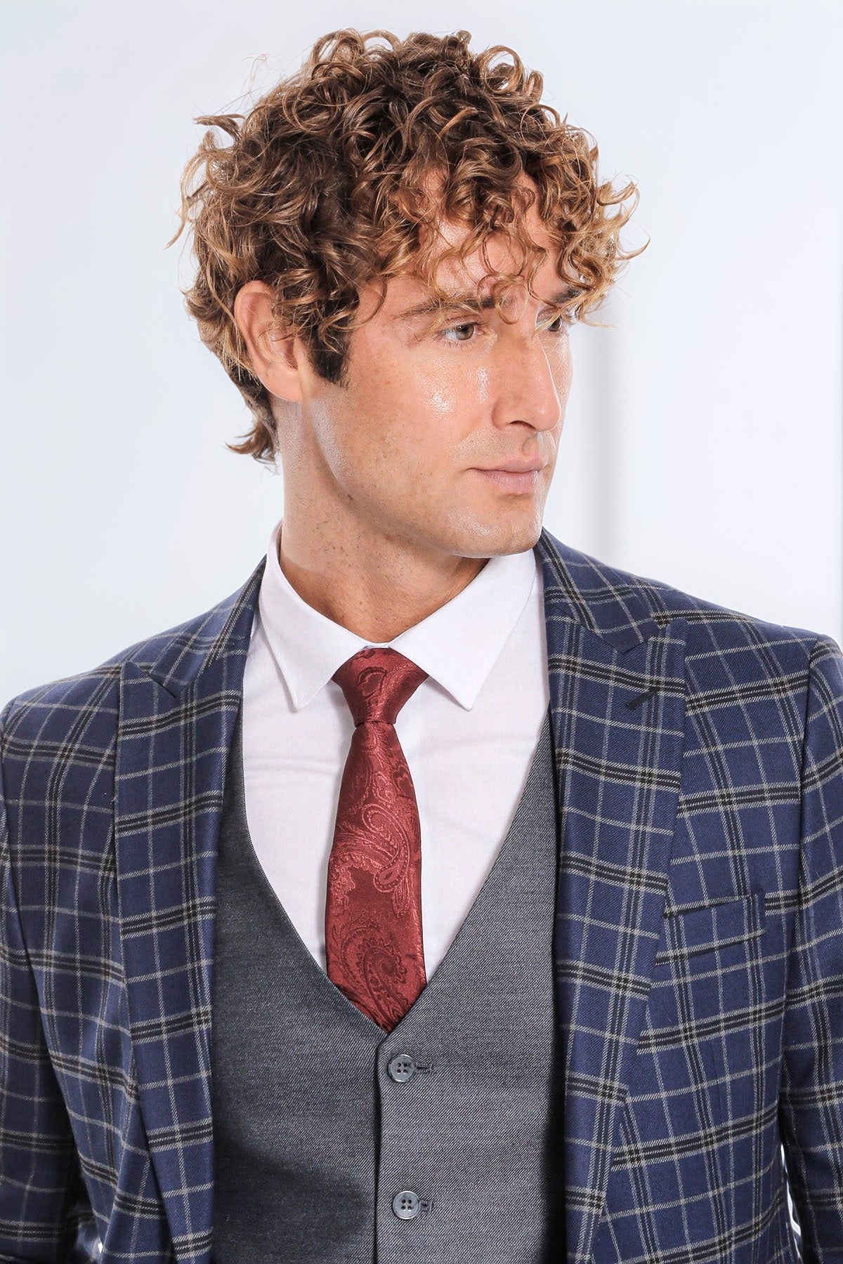 Blue Vested Slim Fit Checked Navy Blue Men Suit - Wessi - Luzilly Bridal & Apparel