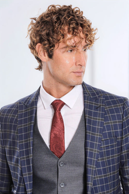 Blue Vested Slim Fit Checked Navy Blue Men Suit - Wessi - Luzilly Bridal & Apparel