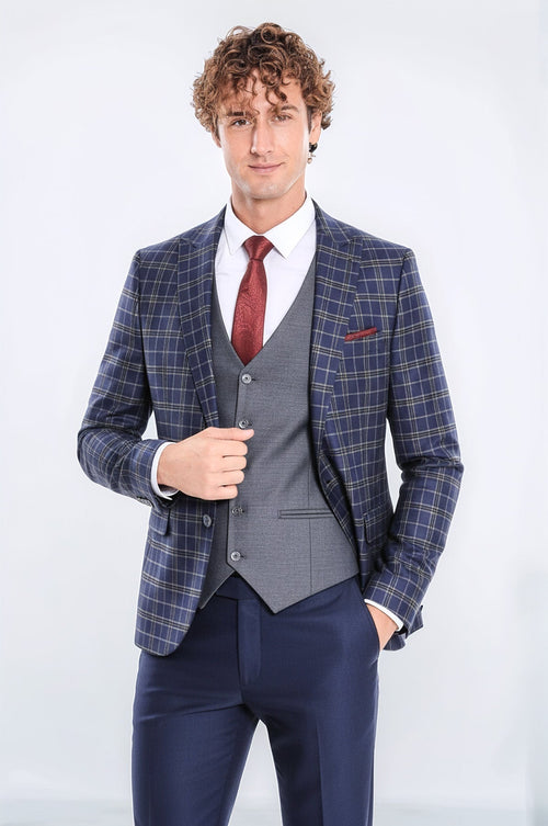 Blue Vested Slim Fit Checked Navy Blue Men Suit - Wessi - Luzilly Bridal & Apparel