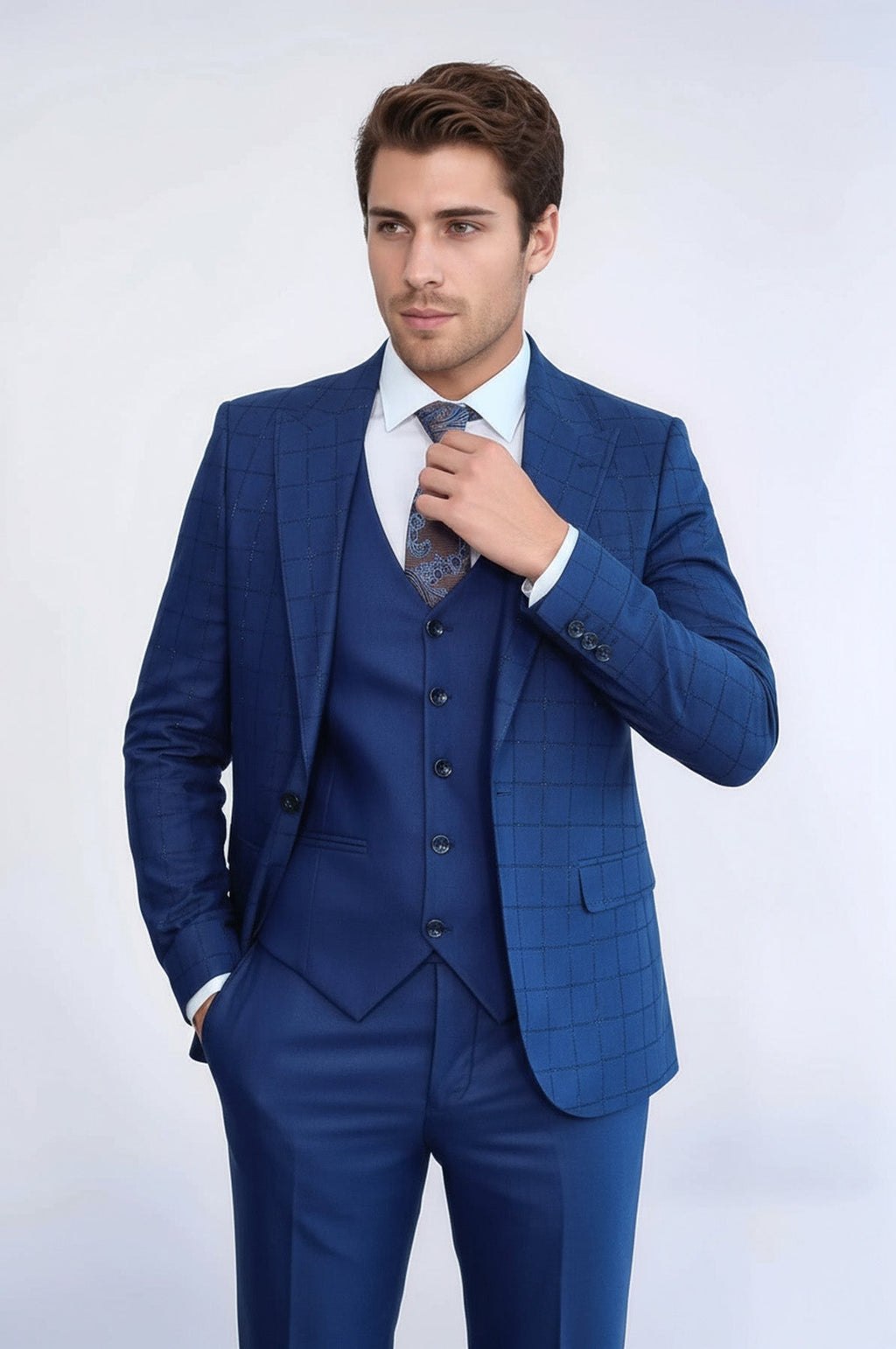 Blue Vested Suit With Plaid Blazer - Wessi - Luzilly Bridal & Apparel