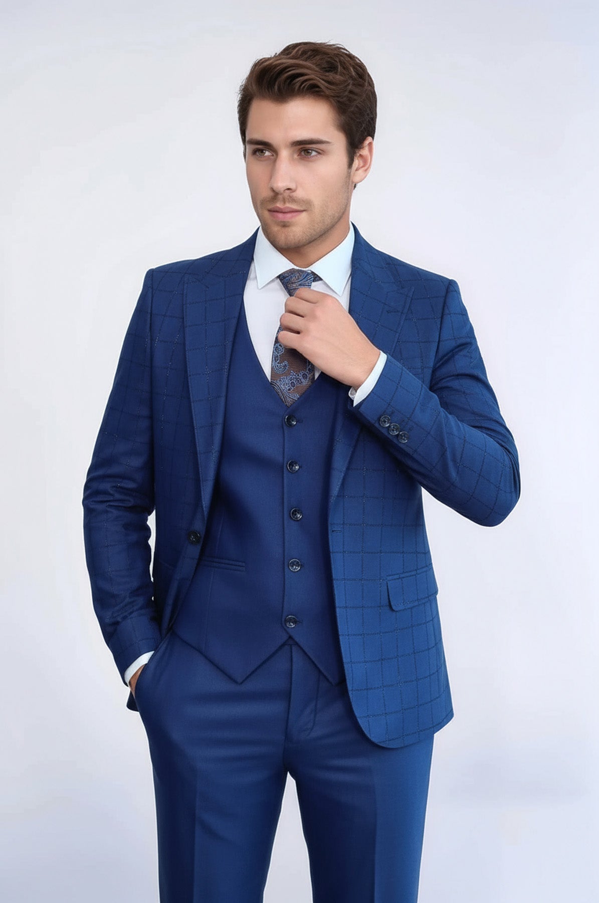 Blue Vested Suit With Plaid Blazer - Wessi - Luzilly Bridal & Apparel