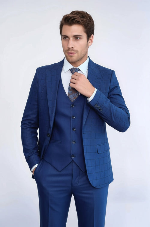 Blue Vested Suit With Plaid Blazer - Wessi - Luzilly Bridal & Apparel