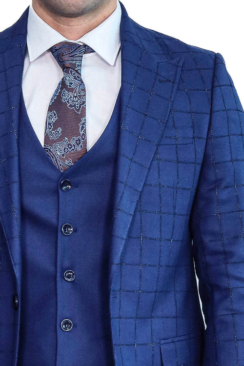 Blue Vested Suit With Plaid Blazer - Wessi - Luzilly Bridal & Apparel