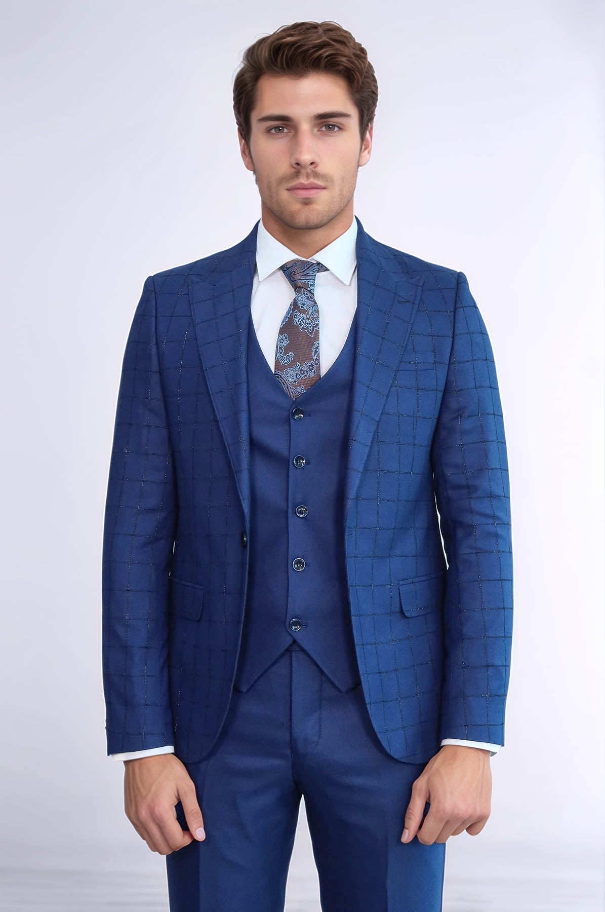 Blue Vested Suit With Plaid Blazer - Wessi - Luzilly Bridal & Apparel