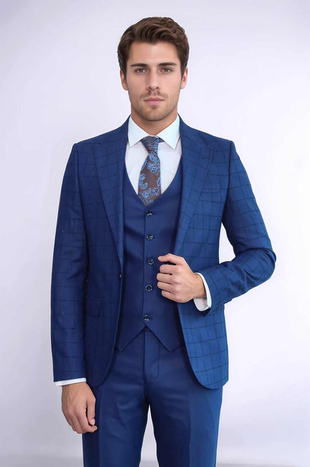 Blue Vested Suit With Plaid Blazer - Wessi - Luzilly Bridal & Apparel