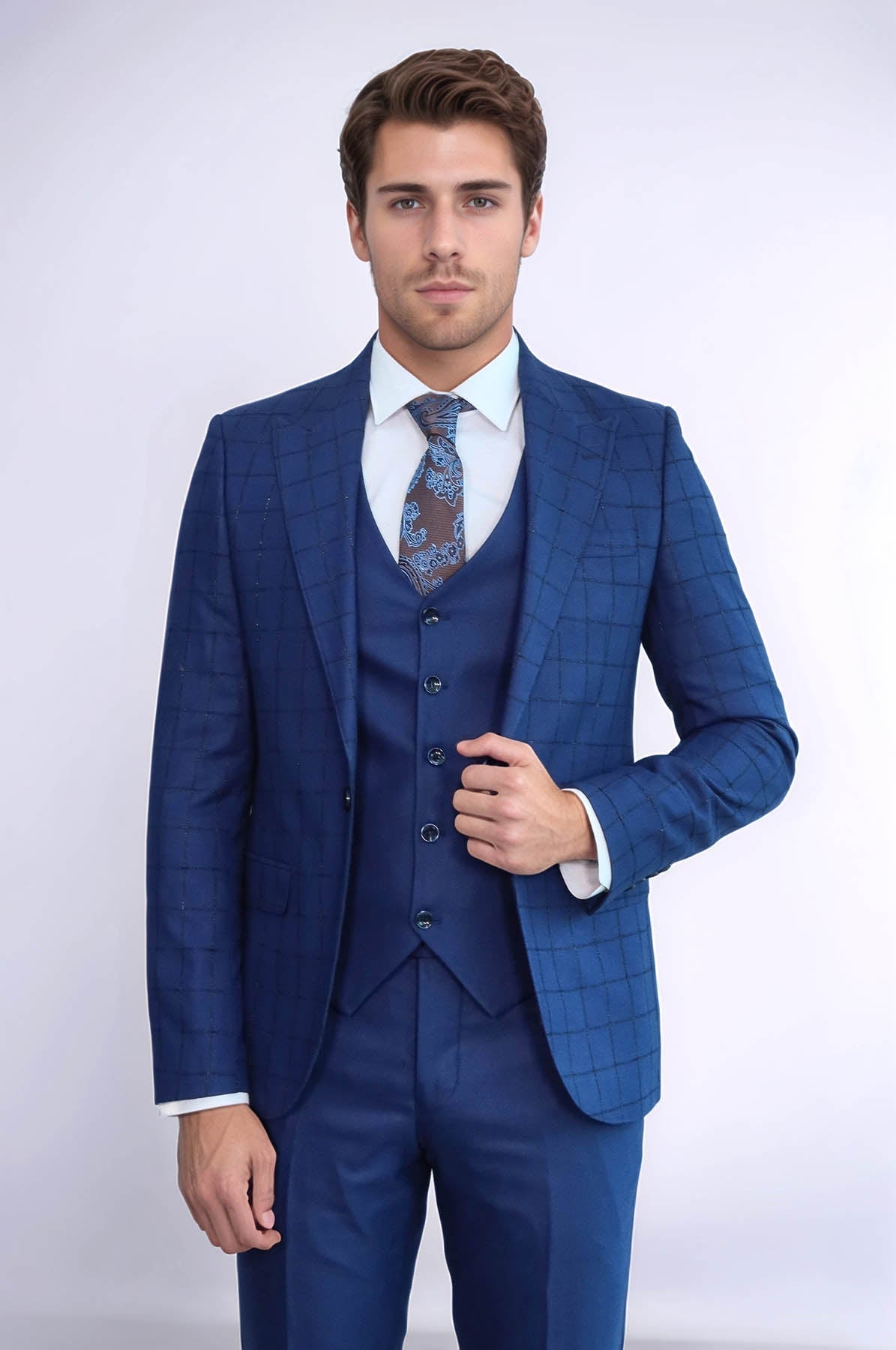 Blue Vested Suit With Plaid Blazer - Wessi - Luzilly Bridal & Apparel