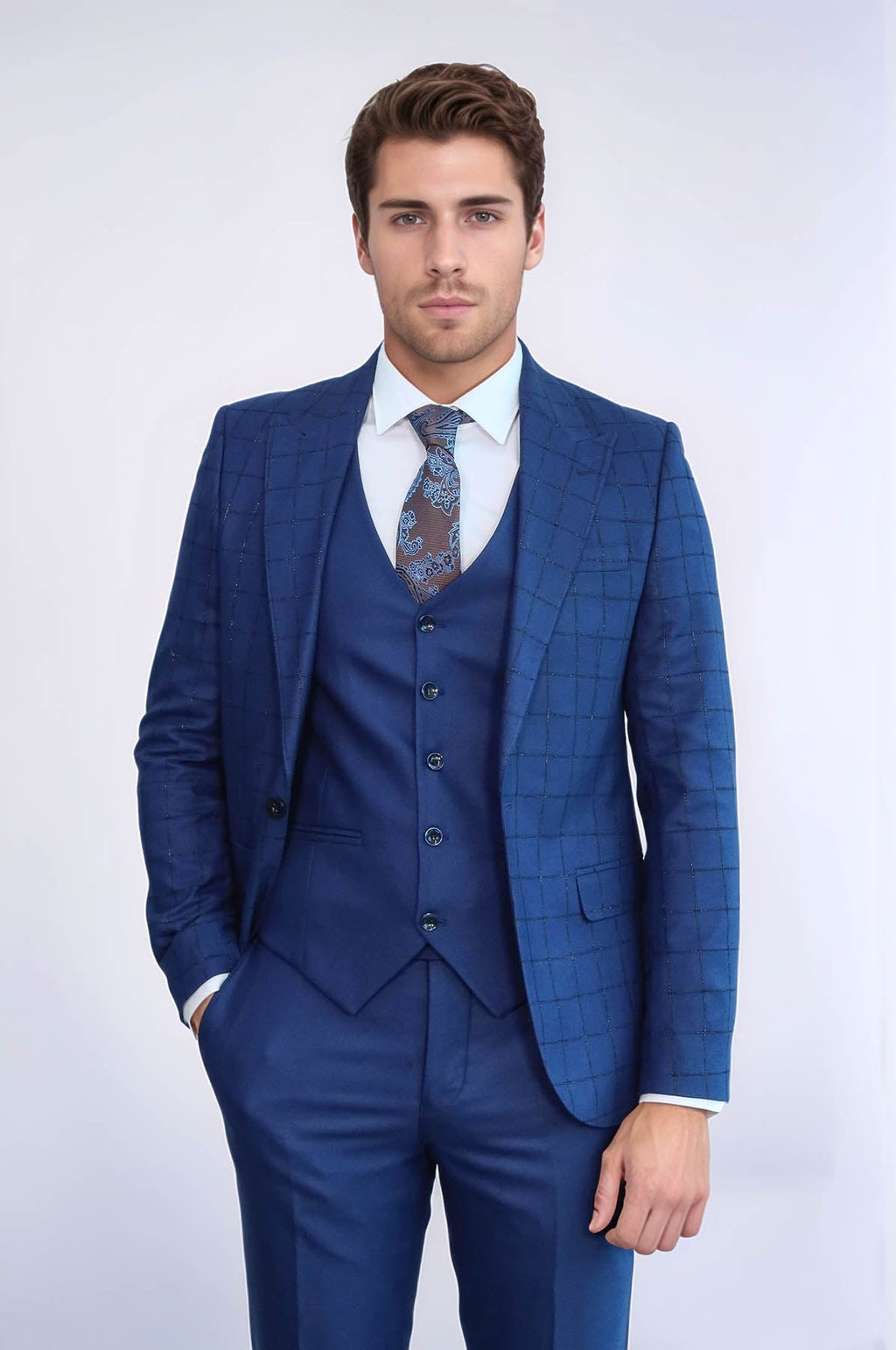 Blue Vested Suit With Plaid Blazer - Wessi - Luzilly Bridal & Apparel