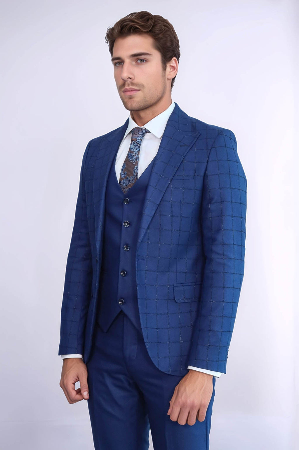 Blue Vested Suit With Plaid Blazer - Wessi - Luzilly Bridal & Apparel