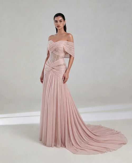 Blush Off-Shoulder Lace & Chiffon A-Line Bridesmaid Dress - Luzilly Bridal & Apparel