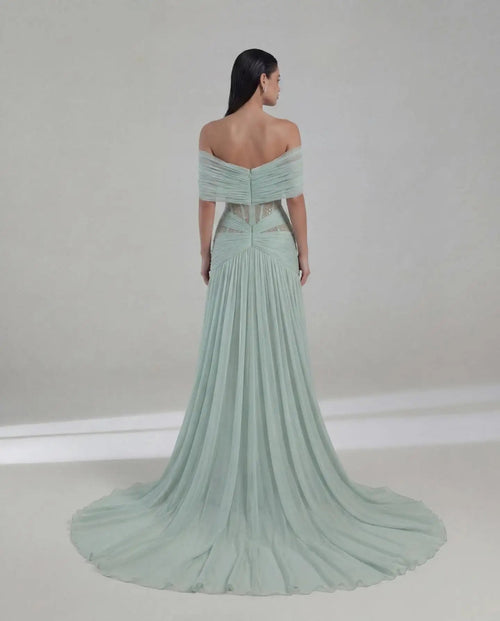 Blush Off-Shoulder Lace & Chiffon A-Line Bridesmaid Dress - Luzilly Bridal & Apparel