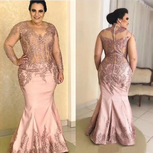 Blush Pink Lace Long-Sleeve Mermaid Mother of the Bride Dress - Luzilly Bridal & Apparel