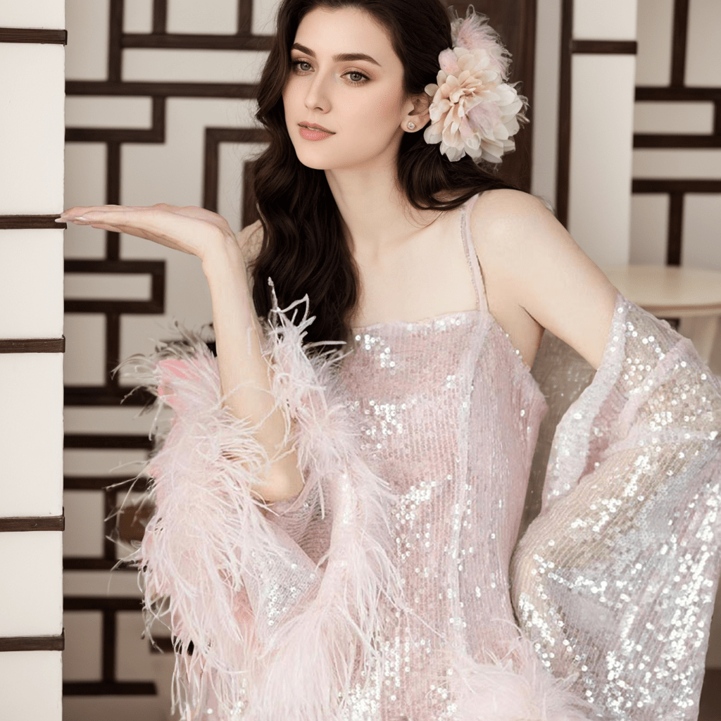 Blush Pink Sequin and Ostrich Feather Long Robe Set – Glamorous Elegance - Luzilly Bridal & Apparel