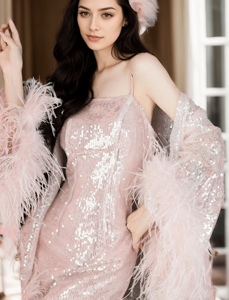 Blush Pink Sequin and Ostrich Feather Long Robe Set – Glamorous Elegance - Luzilly Bridal & Apparel