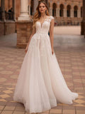 Boat-Neck Cap-Sleeve Lace A-Line Wedding Dress - Luzilly Bridal & Apparel