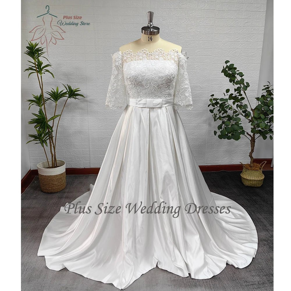 Boat Neck Half Sleeve Satin A-Line Wedding Dress - Luzilly Bridal & Apparel