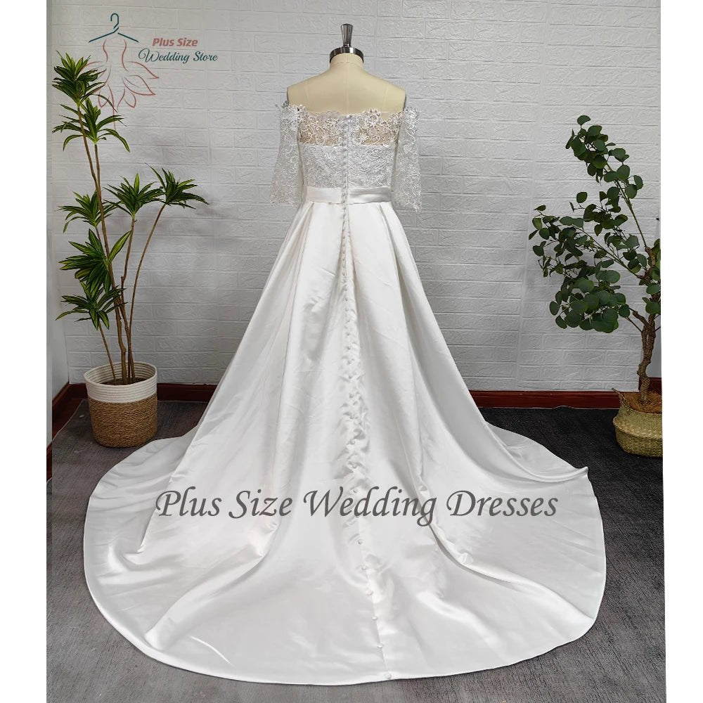 Boat Neck Half Sleeve Satin A-Line Wedding Dress - Luzilly Bridal & Apparel