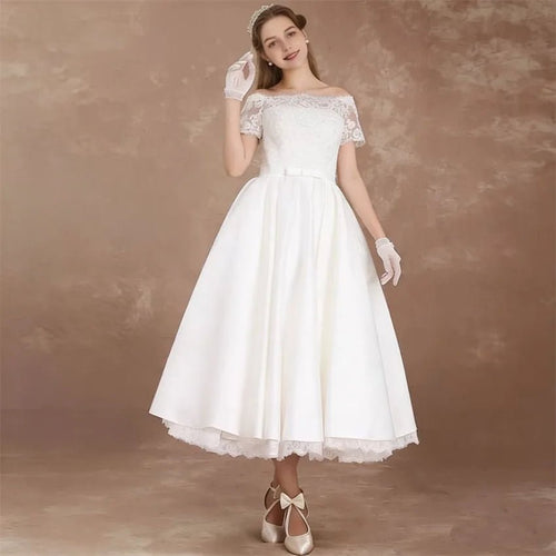 Boat-Neck Lace Tea-Length A-Line Wedding Dress - Luzilly Bridal & Apparel