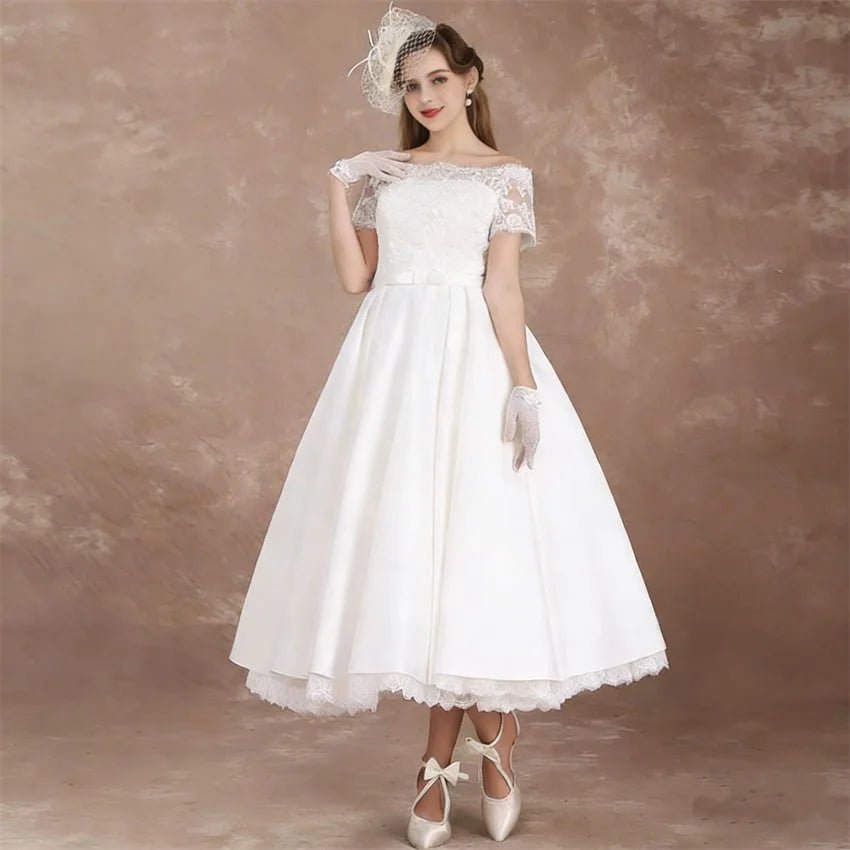 Boat-Neck Lace Tea-Length A-Line Wedding Dress - Luzilly Bridal & Apparel