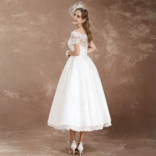 Boat-Neck Lace Tea-Length A-Line Wedding Dress - Luzilly Bridal & Apparel